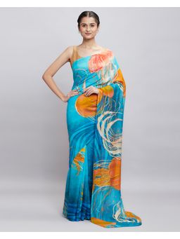 Navyasa By Liva - Blue Organza Abstract Print Saree with Unstitched Blouse