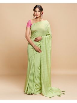 Navyasa By Liva - Green Lite Embellished Striped Saree with Unstitched Blouse