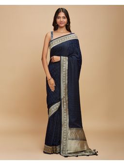 Navyasa By Liva - Navy Blue Jacquard Print Saree with Unstitched Blouse