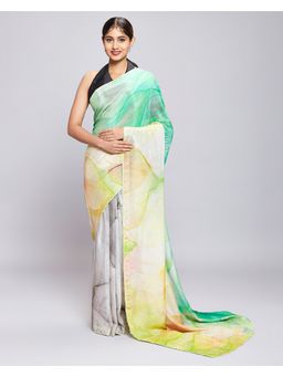 Navyasa By Liva - Green Shimmer Abstract Print Saree with Unstitched Blouse