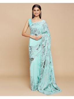 Navyasa By Liva - Blue Crepe Foil Print Saree with Unstitched Blouse
