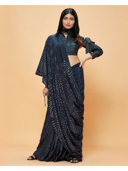 Navyasa By Liva - Navy Blue Crepe Foil Print Saree with Unstitched Blouse
