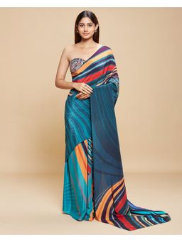 Navyasa By Liva - Blue Crepe Geometric Print Saree with Unstitched Blouse