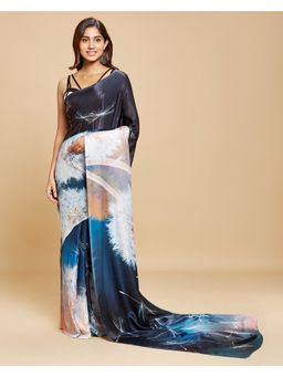 Navyasa By Liva - Navy Blue Satin Floral Print Saree with Unstitched Blouse