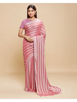 Navyasa By Liva - Pink Jacquard Geometric Stripes Print Saree with Unstitched Blouse
