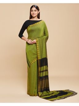 Navyasa By Liva - Green Jacquard Stripes Print Saree with Unstitched Blouse
