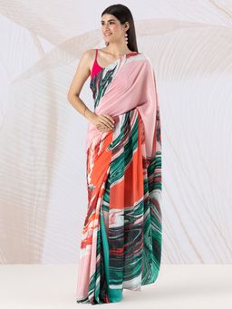 Navyasa By Liva - Pink Crepe Neo Swirls Print Saree with Unstitched Blouse
