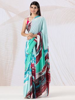 Navyasa By Liva - Blue Crepe Neo Swirls Print Saree with Unstitched Blouse