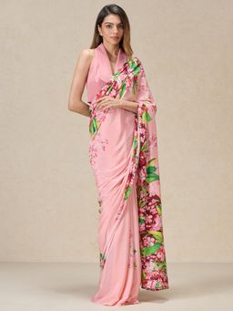 Navyasa By Liva - Pink Crepe Watercolor Blooms Print Saree with Unstitched Blouse