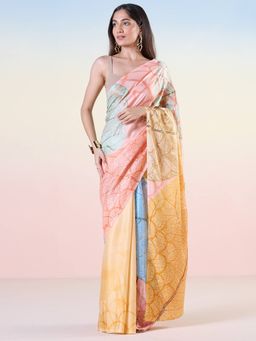 Navyasa By Liva - Yellow Satin Folklore Florals Print Saree with Unstitched Blouse
