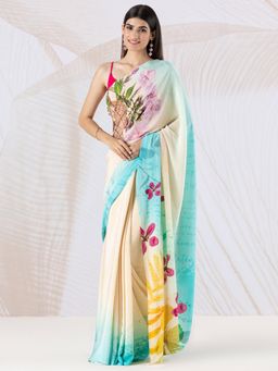 Navyasa By Liva - Peach Crepe Folklore Florals Print Saree with Unstitched Blouse