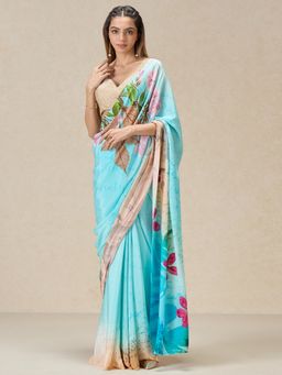 Navyasa By Liva - Blue Crepe Folklore Florals Print Saree with Unstitched Blouse