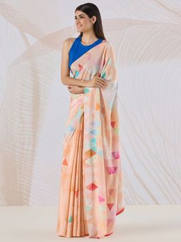 Navyasa By Liva - Peach Crepe Crystal Work Print Saree with Unstitched Blouse
