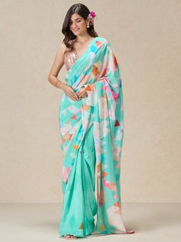 Navyasa By Liva - Green Crepe Crystal Work Print Saree with Unstitched Blouse