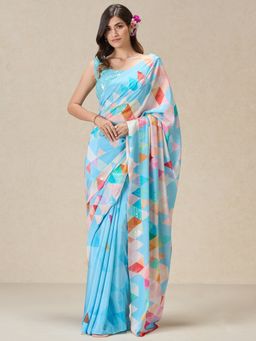 Navyasa By Liva - Blue Crepe Crystal Work Print Saree with Unstitched Blouse