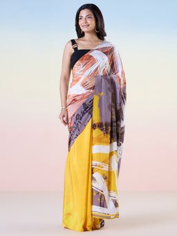 Navyasa By Liva - Yellow Crepe Digital Print Saree with Unstitched Blouse