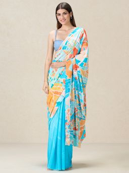 Navyasa By Liva - Blue Crepe Digital Print Saree with Unstitched Blouse