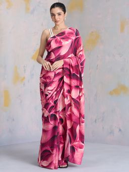 Navyasa By Liva - Pink Crepe Jacobean Blooms Print Saree with Unstitched Blouse