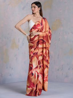 Navyasa By Liva - Orange Crepe Jacobean Blooms Print Saree with Unstitched Blouse