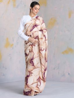 Navyasa By Liva - Beige Crepe Jacobean Blooms Print Saree with Unstitched Blouse