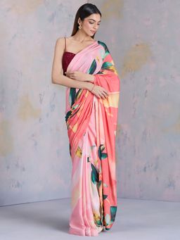 Navyasa By Liva - Pink Sheen Jacobean Blooms Print Saree with Unstitched Blouse