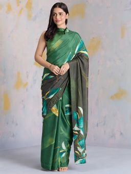 Navyasa By Liva - Green Sheen Jacobean Blooms Print Saree with Unstitched Blouse