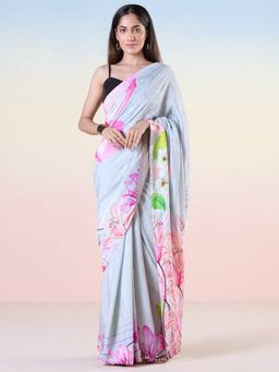 Navyasa By Liva - Grey Jacquard Digital Print Saree with Unstitched Blouse