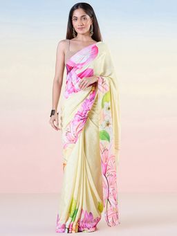 Navyasa By Liva - Yellow Jacquard Digital Print Saree with Unstitched Blouse