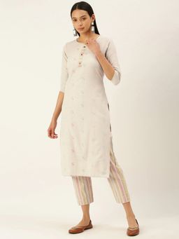 Shaily - Womens Beige Cotton Solid Doby Work Straight Kurta With Pant (Set of 2)