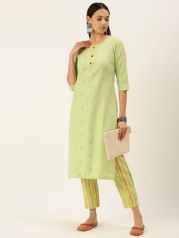 Shaily - Womens Pista Green Cotton Solid Doby Work Straight Kurta With Pant (Set of 2)