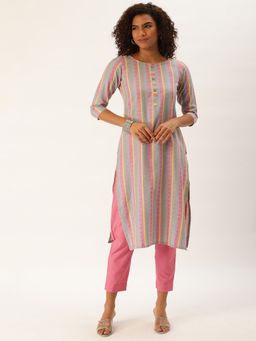 Shaily - Womens Pink Cotton Stripes Straight Kurta With Pant (Set of 2)