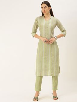 Shaily - Womens Green Cotton Stripes Straight Kurta With Pant (Set of 2)