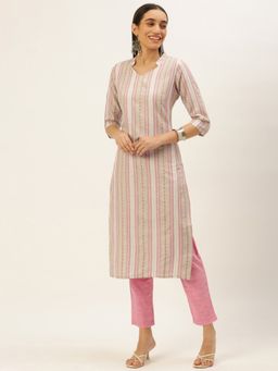 Shaily - Womens Pink Cotton Stripes Straight Kurta With Pant (Set of 2)