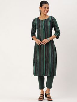 Shaily - Womens Green & Black Cotton Blend Striped Straight Kurta With Pant (Set of 2)