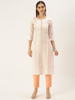 Shaily - Womens Peach Cotton Striped Straight Kurta With Pant (Set of 2)