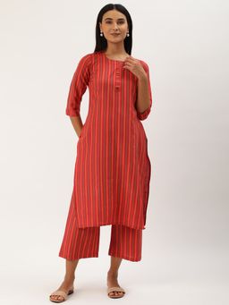 Shaily - Womens Red Cotton Striped Straight Kurta With Pant (Set of 2)