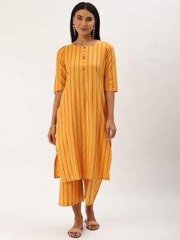 Shaily - Womens Yellow Cotton Striped Straight Kurta With Pant (Set of 2)