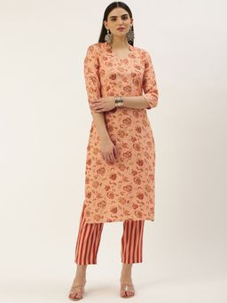 Shaily - Womens Peach Rayon Floral Printed & Foil Printed Straight Kurta With Pant (Set of 2)