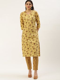 Shaily - Womens Yellow Rayon Floral Printed & Foil Printed Straight Kurta With Pant (Set of 2)