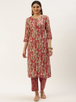 Shaily - Womens Red Rayon Geometric & Foil Printed Straight Kurta With Palazzo (Set of 2)