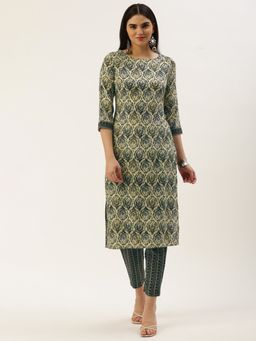 Shaily - Womens Cream & Green Rayon Block Printed Straight Kurta With Pant (Set of 2)