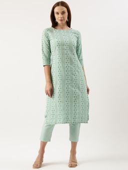 Shaily - Womens Blue Cotton Self Striped Straight Kurta With Pant (Set of 2)