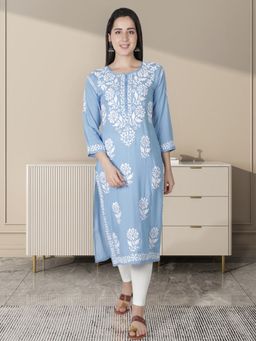 Seva Chikan - Hand Embroidered Blue Modal Lucknowi Chikankari Kurta