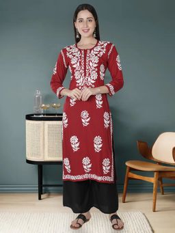 Seva Chikan - Hand Embroidered Maroon Modal Lucknowi Chikankari Kurta