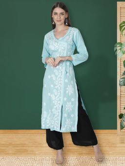 Seva Chikan - Hand Embroidered Blue Cotton Lucknowi Chikankari Angarkha Kurta