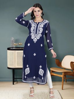 Seva Chikan - Hand Embroidered Navy Georgette Lucknowi Chikankari Kurta With Inner (Set of 2)