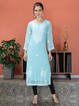 Seva Chikan - Hand Embroidered Blue Georgette Lucknowi Chikankari Kurta With Inner (Set of 2)
