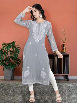 Seva Chikan - Hand Embroidered Grey Georgette Lucknowi Chikankari Kurta With Inner (Set of 2)