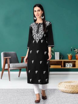 Seva Chikan - Hand Embroidered Black Cotton Lucknowi Chikankari Kurta