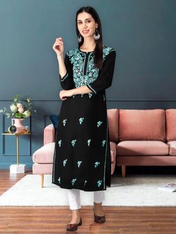 Seva Chikan - Hand Embroidered Black Cotton Lucknowi Chikankari Kurta
